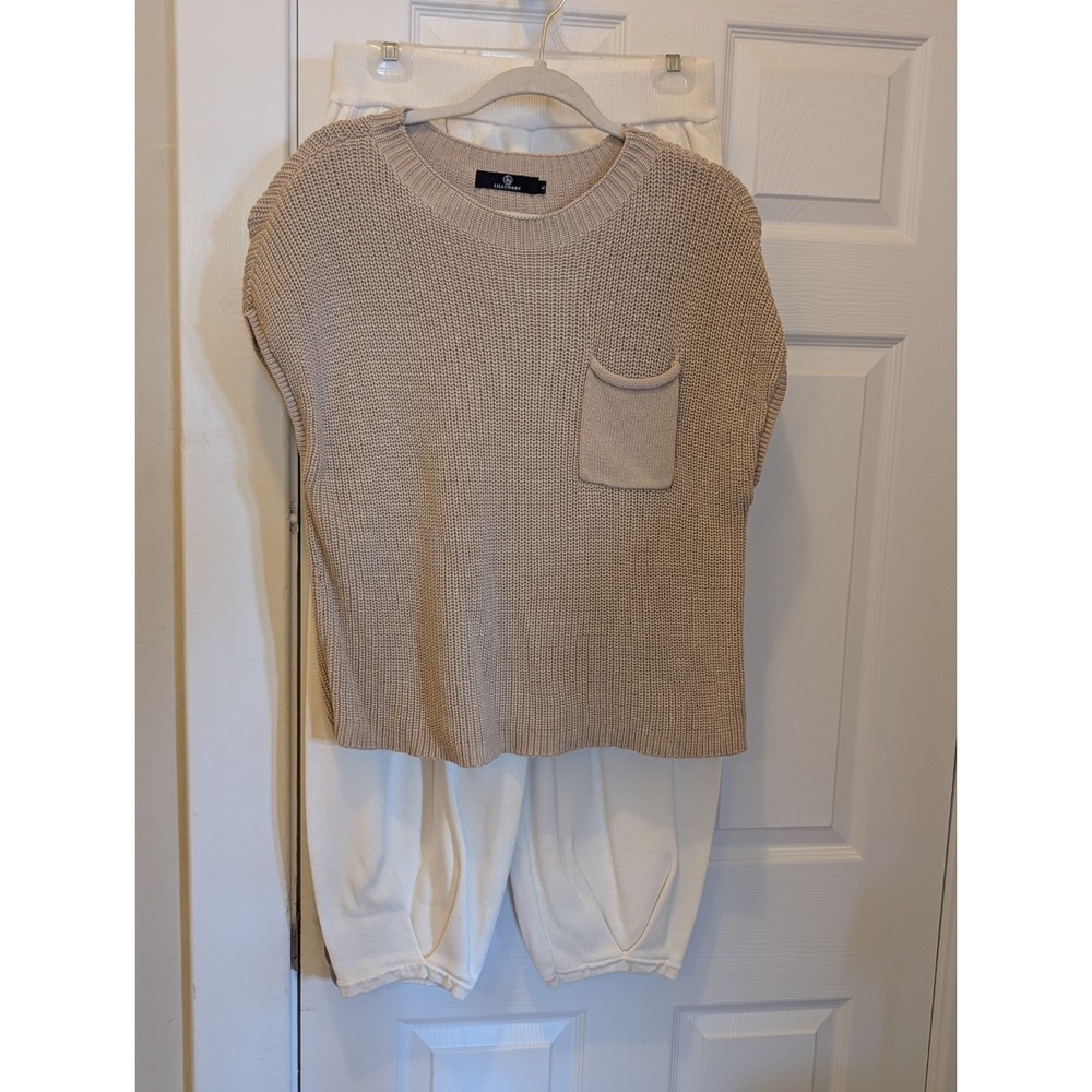 Knit Matching Set Size L - 100% Cotton Beige Sweater Cream Harem Pants NWOT